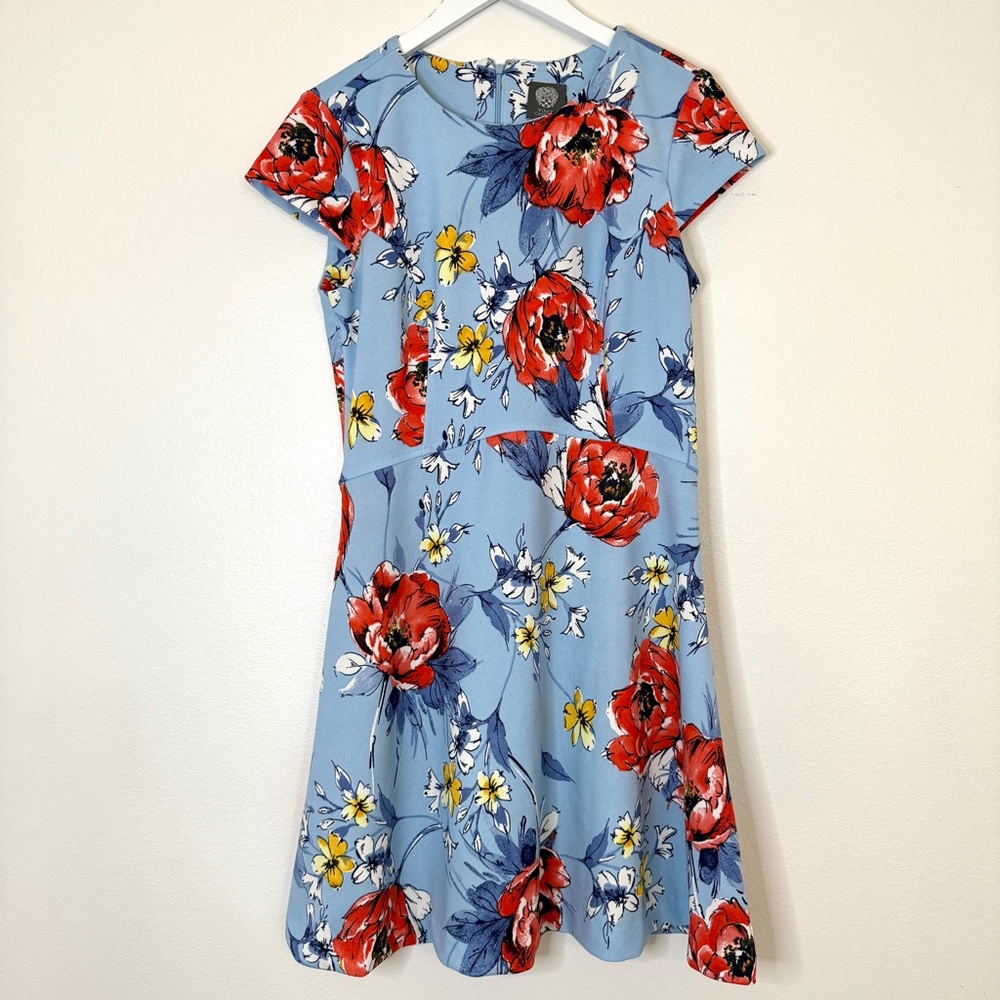 Elegant Vince Camuto Floral Blue Dress Red & Yellow Accent Size 12 Easter Spring